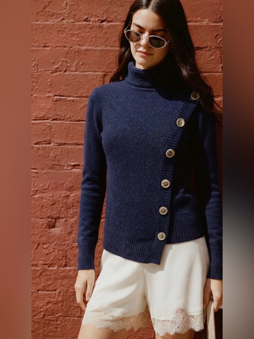 Saks Fifth Avenue $295 Navy 100% Cashmere Cowlneck Sweater Sz Small Quiet Luxury